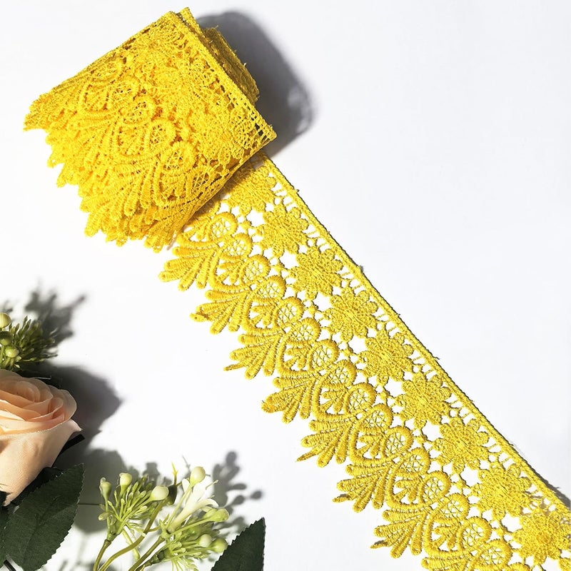 DKKUAYANGUP (Yellow Floral Lace Trim - 5 Yards, 9cm Wide | Wedding Dress Embellishment, Gift Packaging, Party Decor | DIY Sewing & Craft Supplies - Image 1